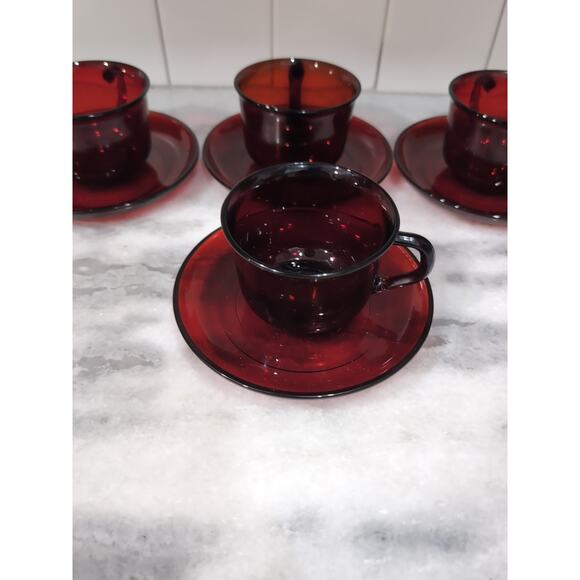 Arcoroc Glass Teacups & Saucers, Ruby Red Set, MCM Tea Set, French Glassware - Picture 5 of 11